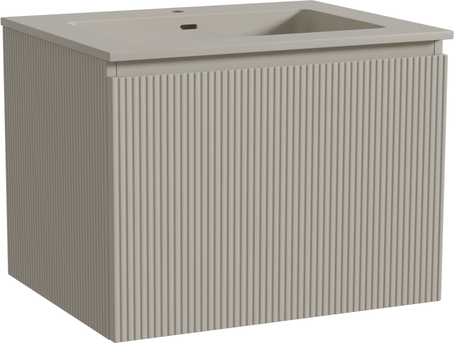Storke Ribs zwevend badkamermeubel 65 x 52 cm zijdegrijs met Diva enkele wastafel in top solid zijdegrijs, Verticale symmetrische rechte ribbel