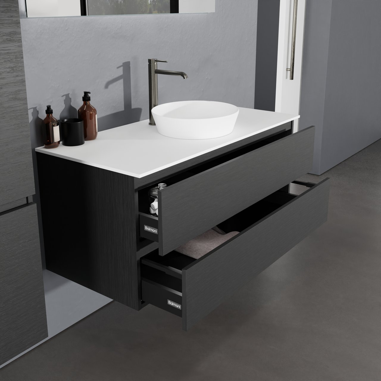 Balmani Lucida zwevend badkamermeubel 120 x 55 cm zwarte eik met Stretto enkel of dubbel tablet in solid surface mat wit