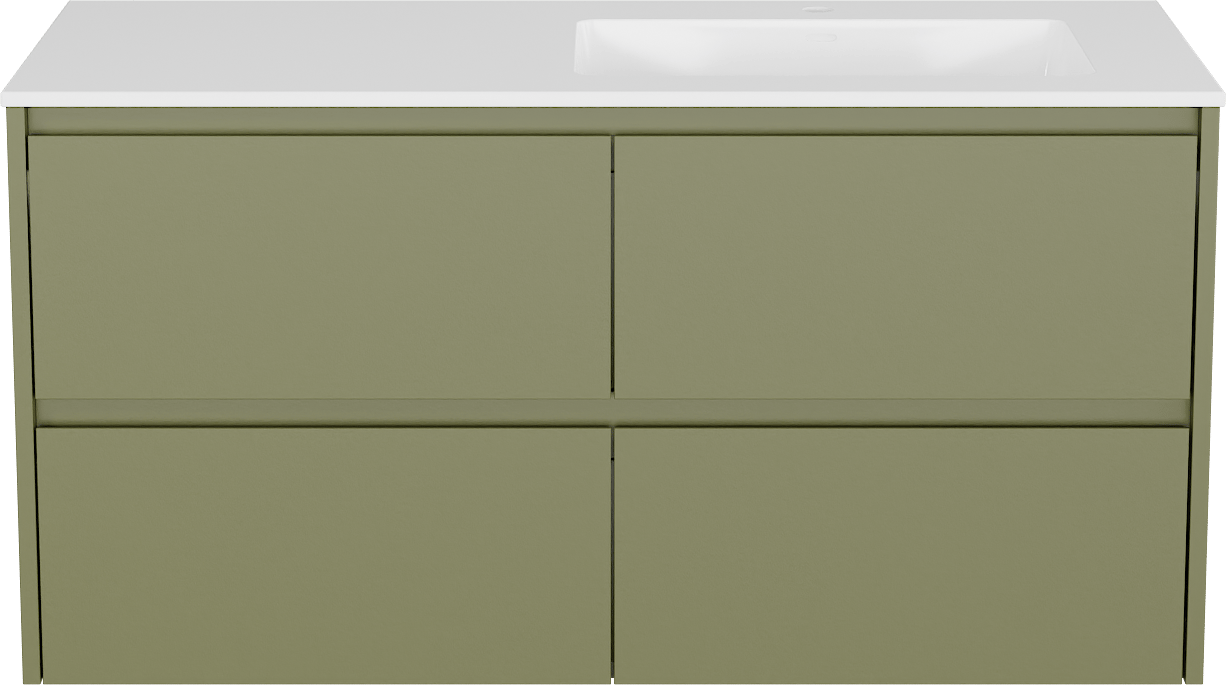 Storke Seda zwevend badkamermeubel 120 x 52 cm olijfgroen met Bilia asymmetrisch rechtse wastafel in composietmarmer glanzend wit
