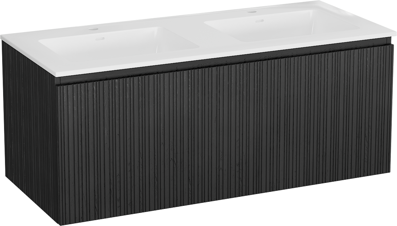 Storke Ribs meuble salle de bains suspendu 120 x 52 cm chêne noir avec Bilia double vasque en marbre composite blanc brillant, Nervure droite asymétrique verticale