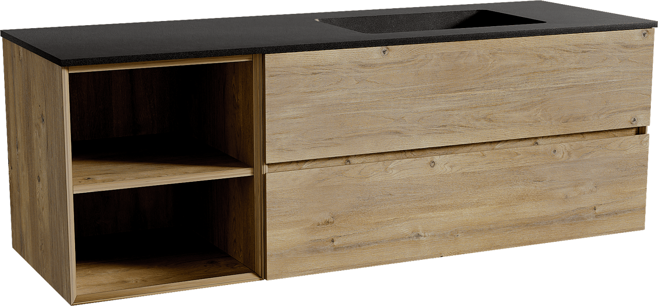 Storke Edge zwevend badmeubel 150 x 52 cm ruw eiken met Scuro asymmetrisch rechtse wastafel in kwarts mat zwart