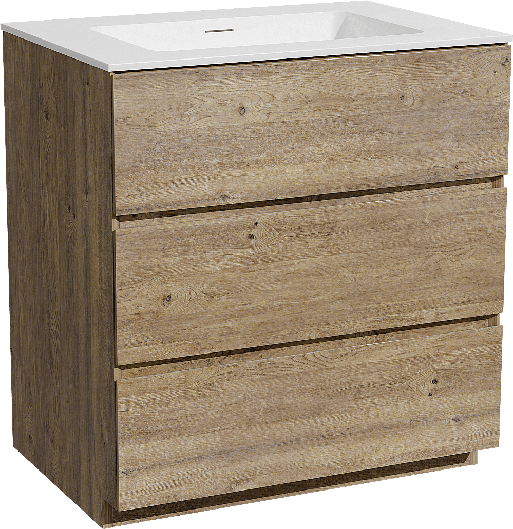 Storke Edge staand badkamermeubel 75 x 52 cm ruwe eik met Mata enkele wastafel in solid surface mat wit