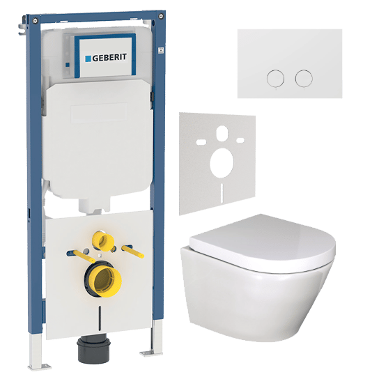 Luca Varess Calibro wc suspendu blanc brillant sans rebord compact avec Geberit Duofix UP720 Sigma bâti-support et plaque de commande