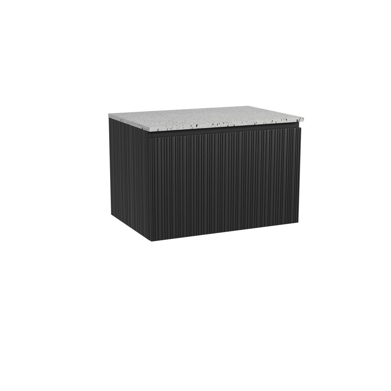Storke Ribs zwevend badkamermeubel 75 x 52 cm zwarte eik met Tavola enkel tablet in mat wit/zwart terrazzo, Verticale asymmetrische rechte ribbel