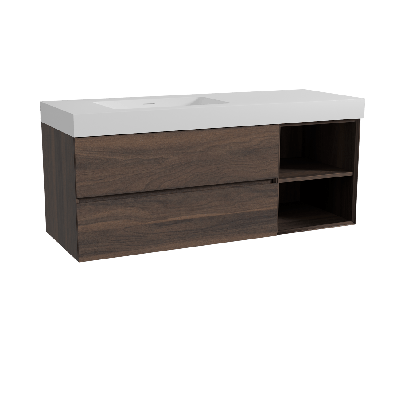 Storke Edge hängendes Möbelstück Set: 140 x 52 cm, Nussbaum, mit Mata High Waschtisch links, Solid Surface Weiß matt