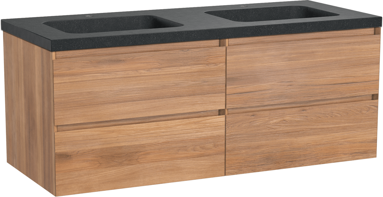 Balmani Mitra zwevend badkamermeubel 135 x 55 cm teak met Napoli dubbele wastafel in graniet zwart