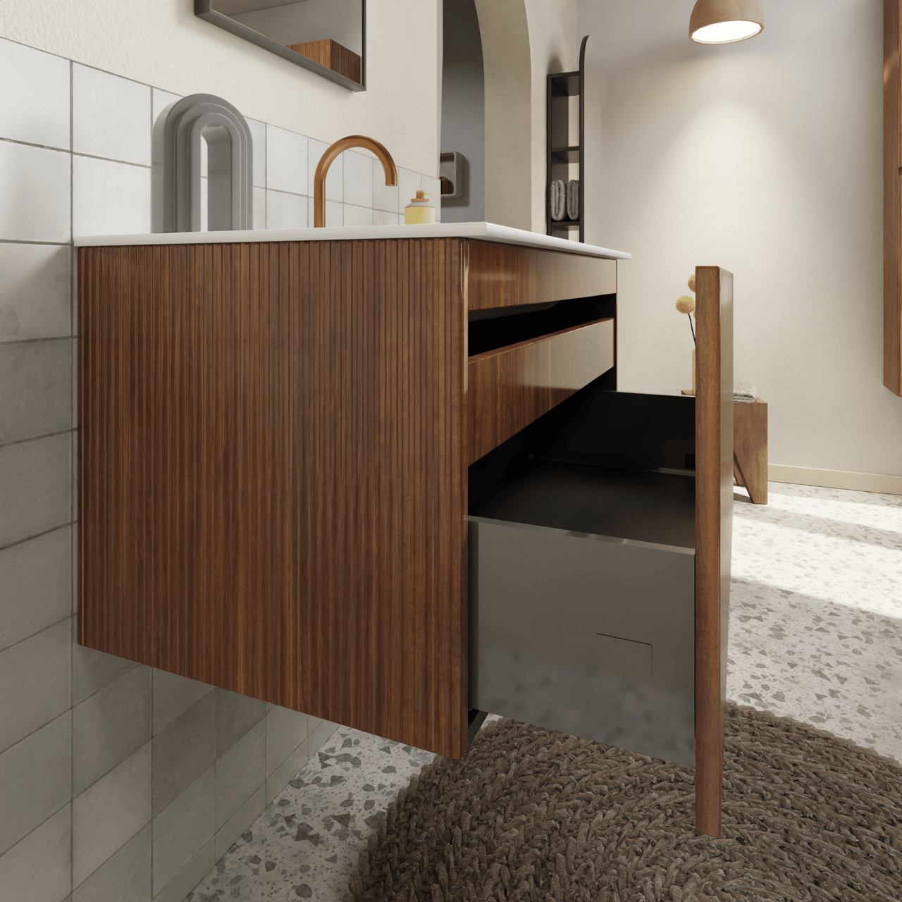 Storke Ribs zwevende wastafelonderkast 85 x 52 cm notelaar 2 lades