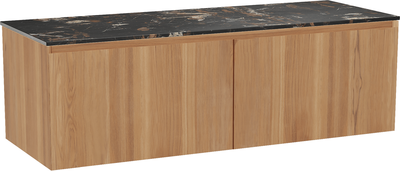 Balmani Idra by Mitra zwevend badkamermeubel 150 x 55 cm teak met Stretto enkel of dubbel tablet in marmer portoro gold