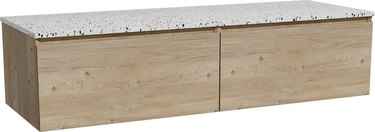 Storke Edge hängendes Möbelstück Set: 150 x 52 cm, Rohe Eiche, mit Tavola Einzel- oder Doppel Waschtischplatte, Terrazzo in Weiß/Schwarz matt