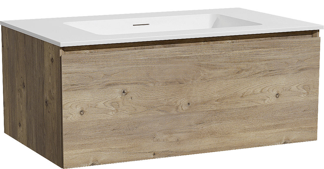 Storke Edge zwevend badkamermeubel 85 x 52 cm ruwe eik met Mata enkele wastafel in solid surface mat wit