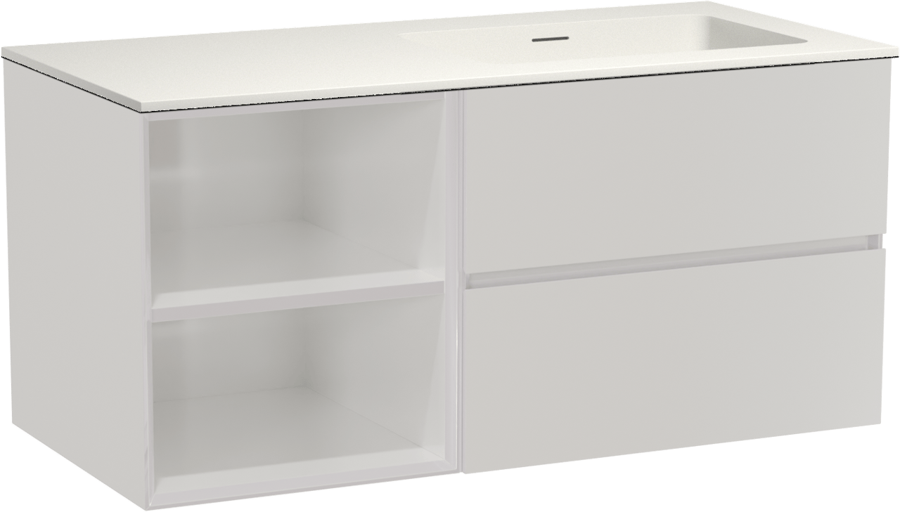 Storke Edge meuble salle de bains suspendu 110 x 52 cm blanc brillant avec Mata plan vasque asymétrique à droite en solid surface blanc mat