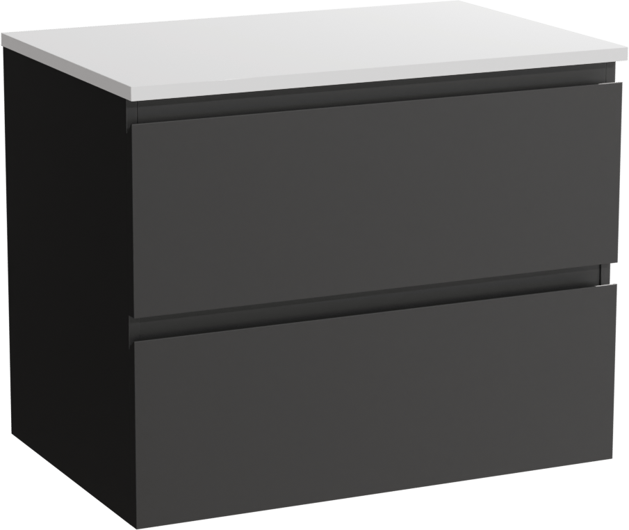 Linie Lado hängendes Möbelstück Set: 70 x 46 cm, Schwarz matt, mit Lado Einzel Waschtischplatte, Marmorkomposit Weiß matt