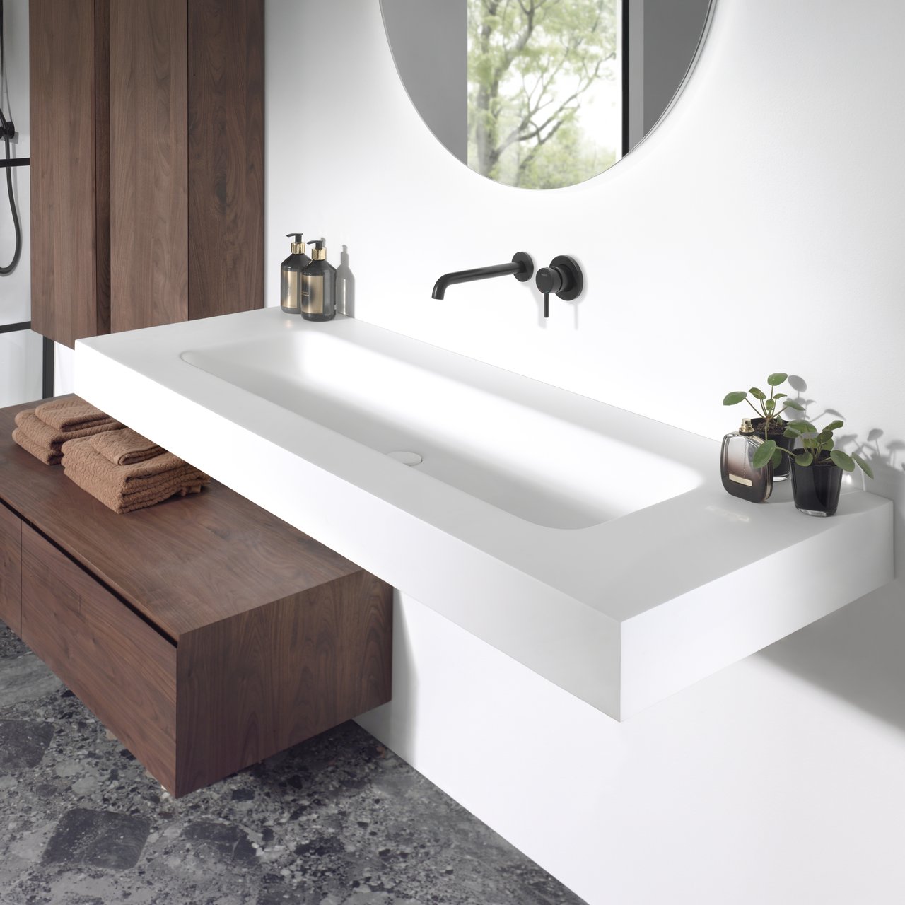 Balmani Arcato lavabo simple pour 2 trous de robinet Solid Surface mat 150 x 55 cm, crépine non incluse