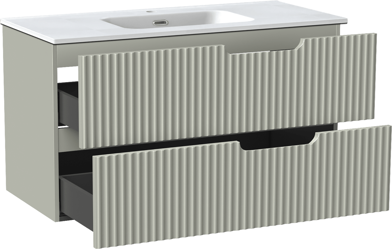 Linie Ribbo meuble salle de bains suspendu 100 x 46 cm greige avec Baro plan simple en porcelaine blanc mat, Nervure circulaire symétrique verticale