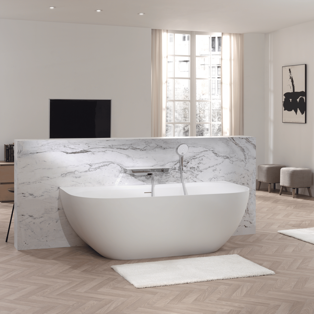 Balmani Forte halb freistehende Badewanne: 170 x 78 cm, Solid Surface, Weiß matt