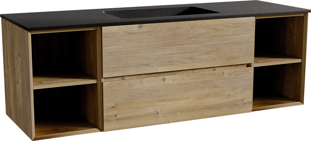 Storke Edge zwevend badmeubel 155 x 52 cm ruw eiken met Scuro enkele wastafel in kwarts mat zwart
