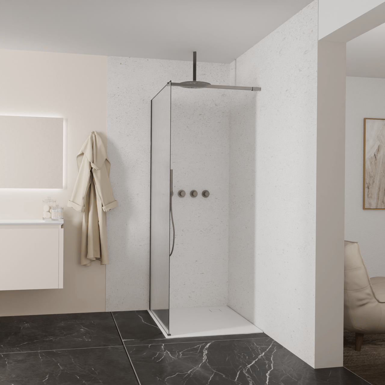 Balmani Modular Walk-In Dusche: 100 x 200 cm, Ribs, inklusive Coating, Profil Brushed GunMetal