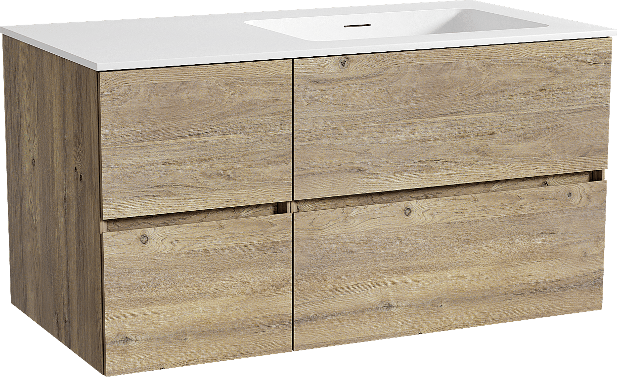 Storke Edge zwevend badkamermeubel 100 x 52 cm ruwe eik met Mata asymmetrisch rechtse wastafel in solid surface mat wit