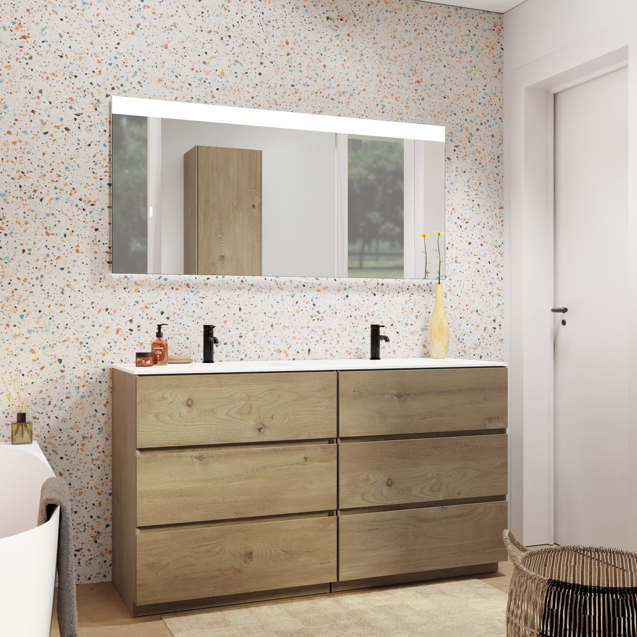 Storke Edge staand badkamermeubel 150 x 52 cm ruwe eik met Mata dubbele wastafel in solid surface mat wit