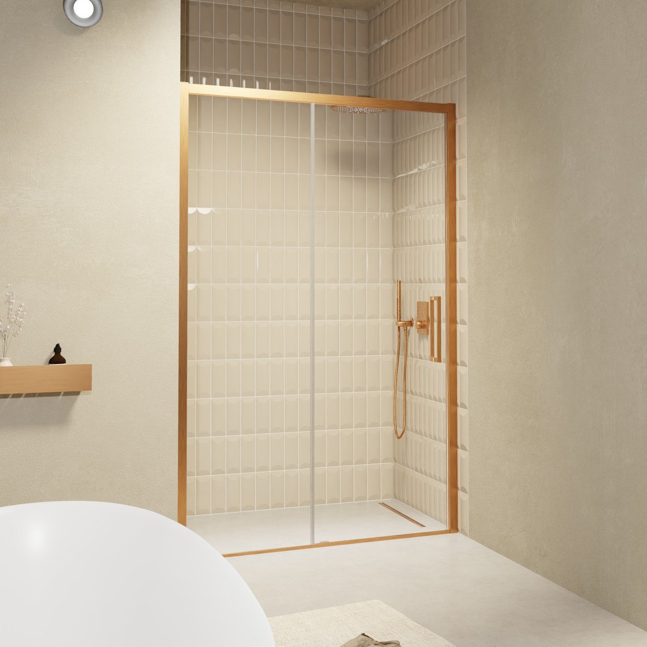 Balmani Senses Design douche schuifdeur omkeerbaar 160 cm x 210 cm Helder glas, Brushed Rosegold profielen, met coating