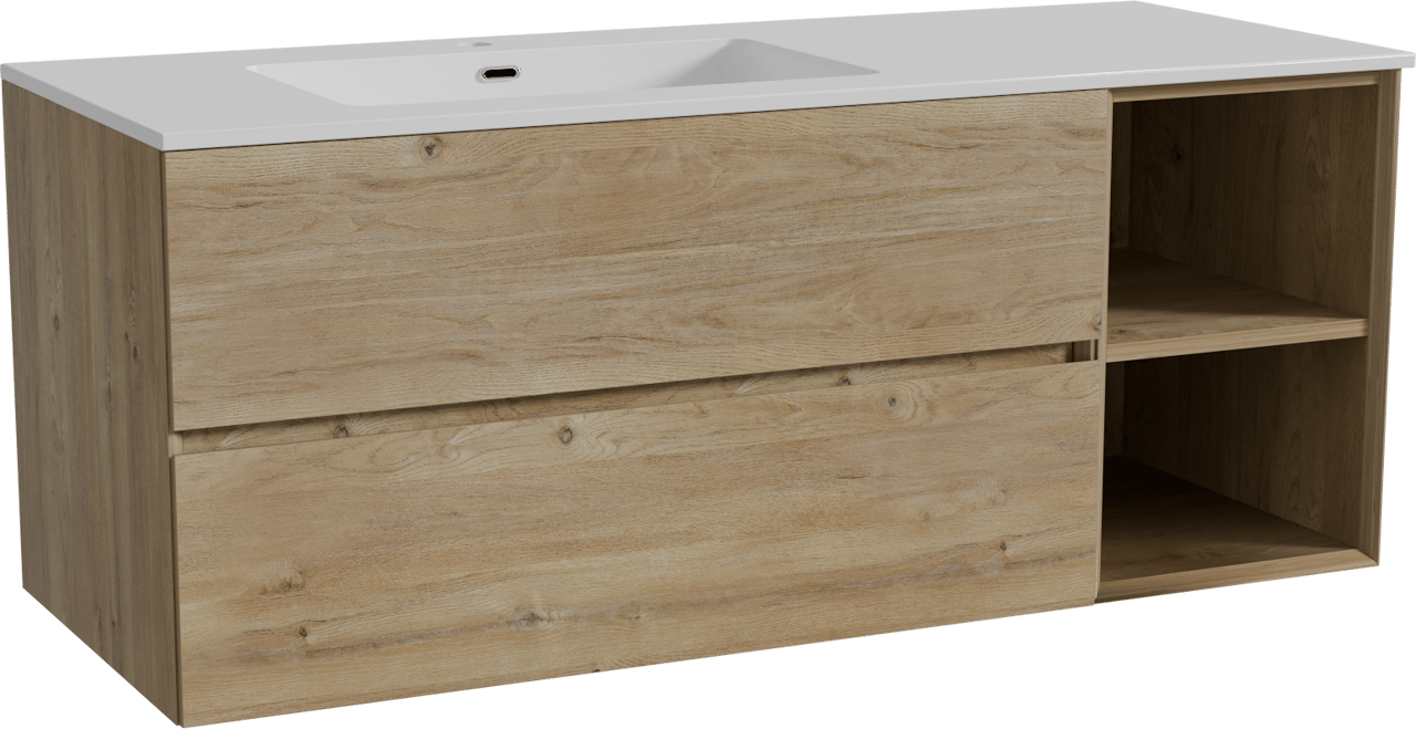 Storke Edge zwevend badmeubel 130 x 52 cm ruw eiken met Diva asymmetrisch linkse wastafel in composietmarmer hoogglans wit