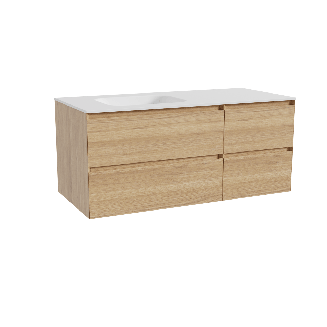 Balmani Mitra hängendes Möbelstück Set: 120 x 55 cm, Naturbelassene Eiche, mit Tablo Arcato Waschtisch links, Solid Surface Weiß matt