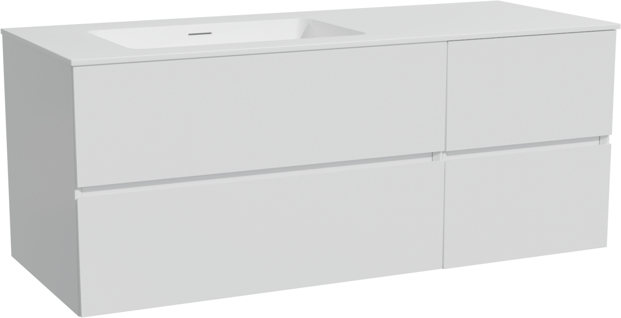 Storke Edge zwevend badkamermeubel 130 x 52 cm glanzend wit met Mata asymmetrisch linkse wastafel in solid surface mat wit