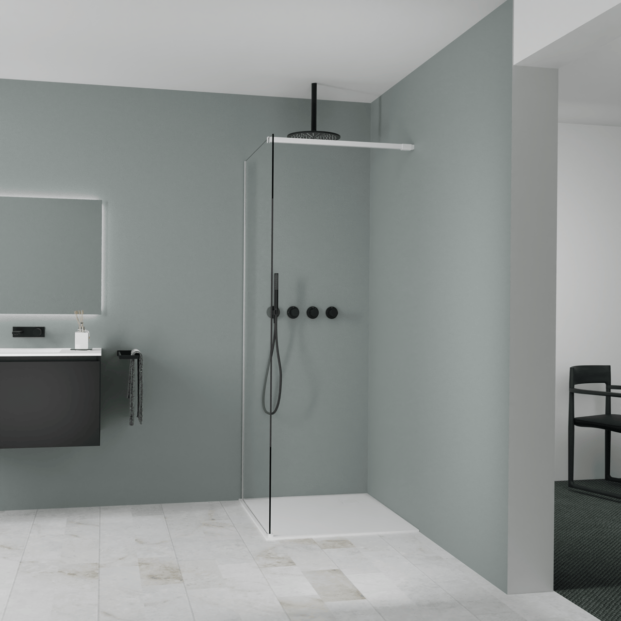 Balmani Modular inloopdouche: 90 x 200 cm, Helder glas, Mat witte profielen