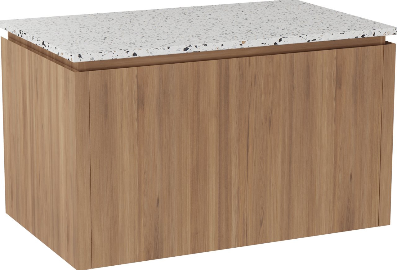 Balmani Eclips hängendes Möbelstück Set: 90 x 55 cm, Teak, mit Stretto Einzel Waschtischplatte Bianco Nero Terrazzo
