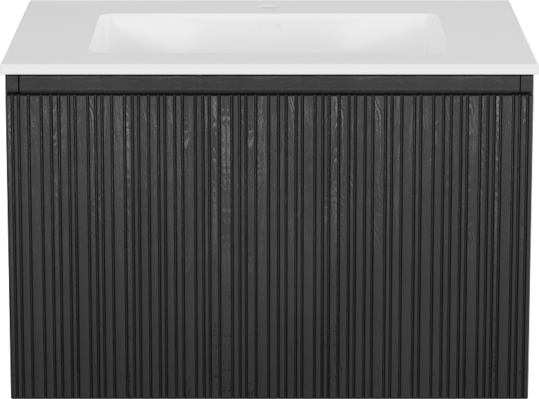 Storke Ribs zwevend badmeubel 75 x 52 cm zwart eiken met Bilia enkele wastafel in composietmarmer hoogglans wit, Verticale asymmetrische rechte ribbel