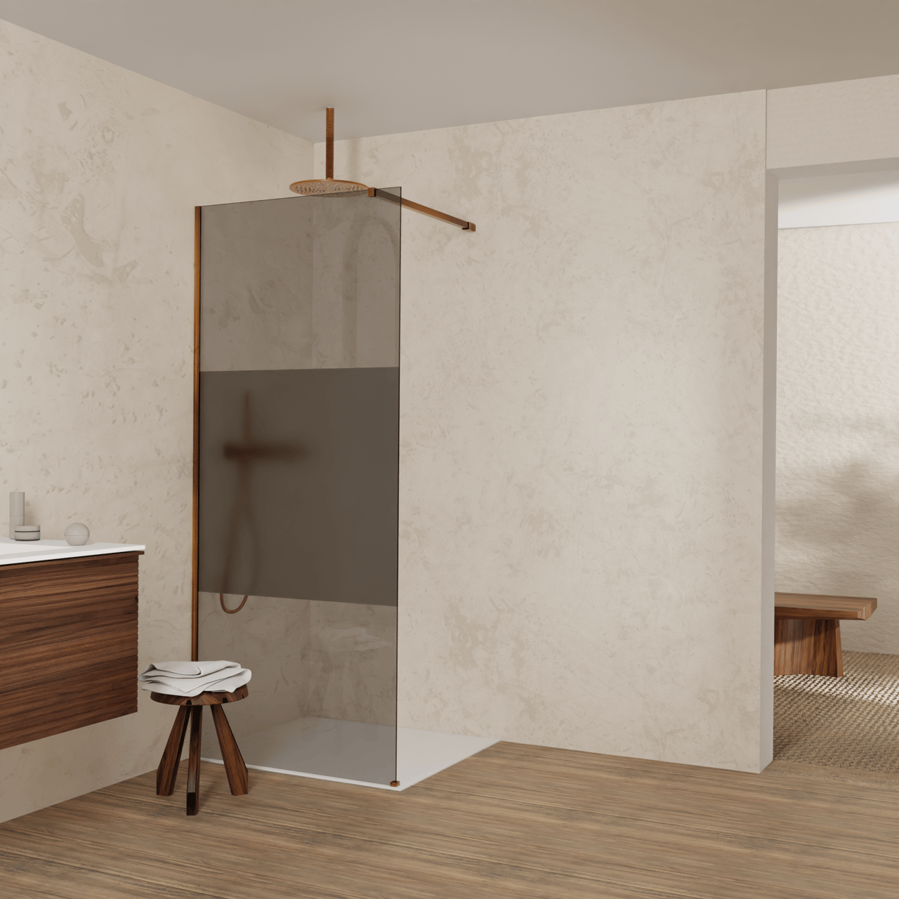 Balmani Modular inloopdouche: 90 x 200 cm, Rookglas met matte strook met coating, Brushed Rosegold profielen