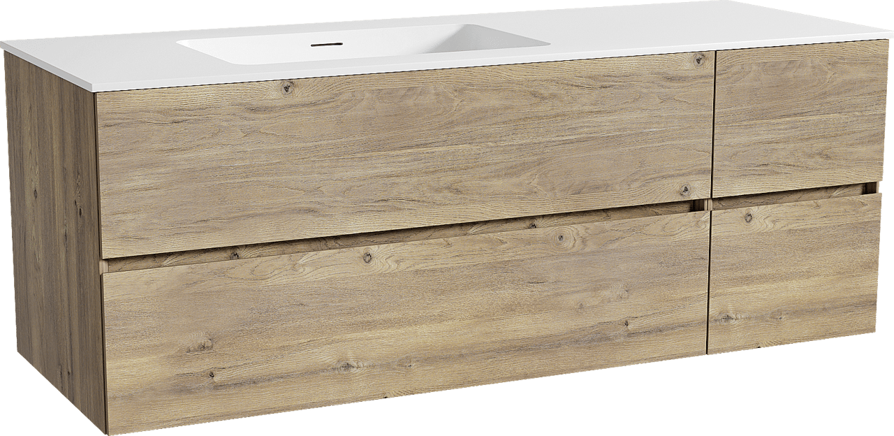 Storke Edge zwevend badkamermeubel 140 x 52 cm ruwe eik met Mata asymmetrisch linkse wastafel in solid surface mat wit