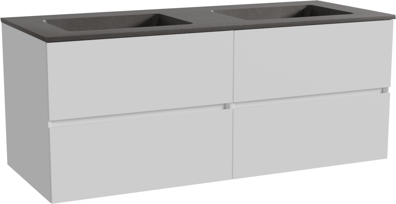 Storke Edge zwevend badmeubel 130 x 52 cm mat wit met Scuro dubbele wastafel in kwarts mat zwart