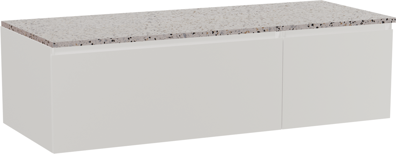 Storke Edge zwevend badkamermeubel 130 x 52 cm mat wit met Tavola enkel of dubbel tablet in mat wit/zwart terrazzo