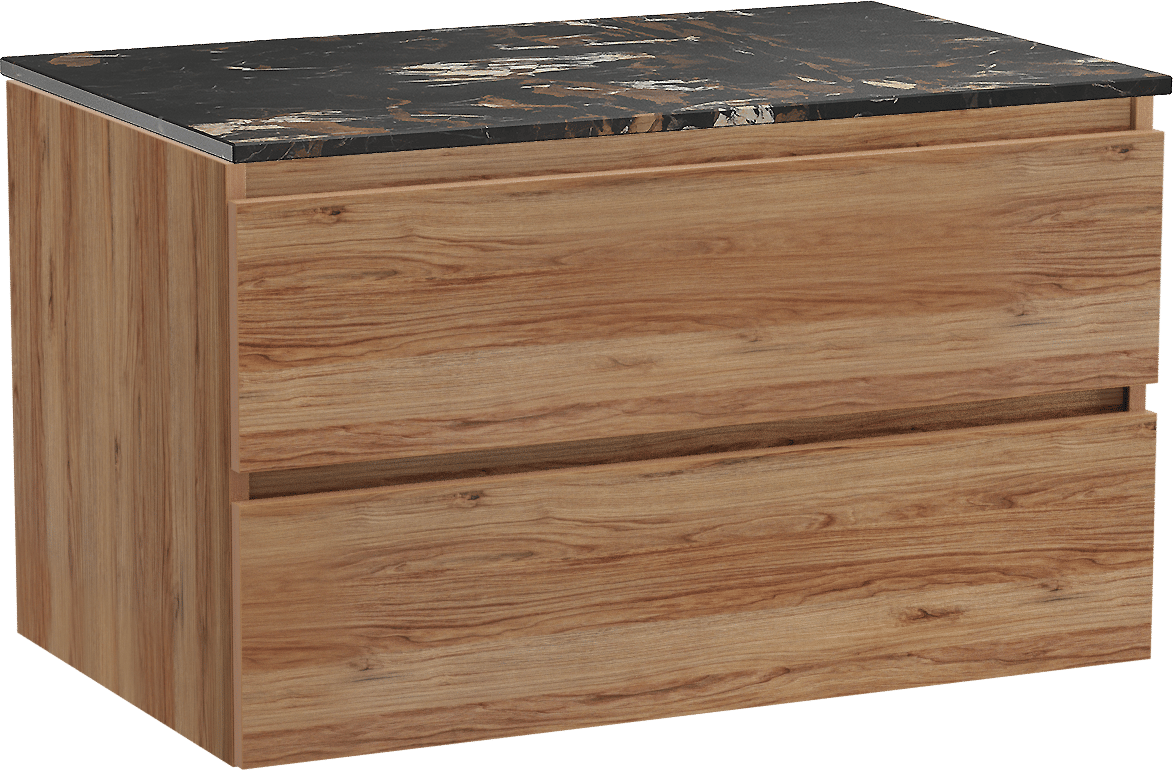 Balmani Lucida hängendes Möbelstück Set: 90 x 55 cm, Teak, mit Stretto Einzel Waschtischplatte, Marmor Portoro Gold