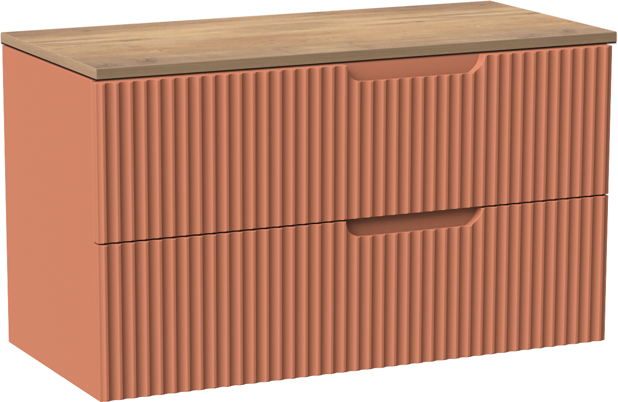Linie Ribbo zwevend badkamermeubel 100 x 46 cm cotto met Lado enkel of dubbel tablet in melamine natuur eik, Verticale symmetrische ronde ribbel