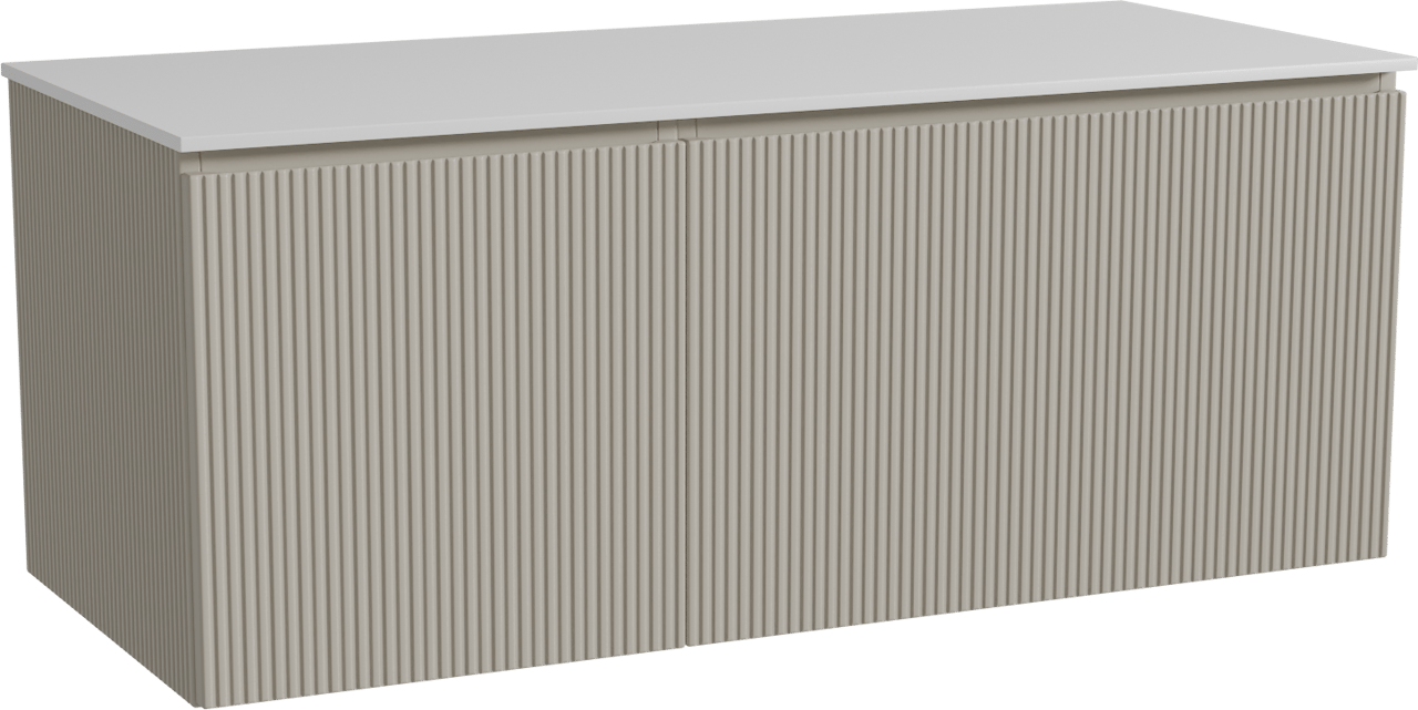Storke Ribs zwevend badmeubel 120 x 52 cm zijdegrijs met Tavola enkel of dubbel wastafelblad in solid surface mat wit, Verticale symmetrische rechte ribbel
