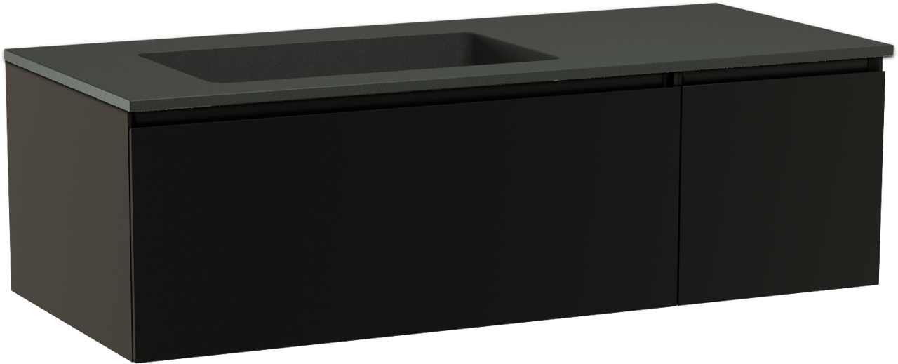 Storke Edge zwevend badmeubel 120 x 52 cm mat zwart met Scuro asymmetrisch linkse wastafel in kwarts mat zwart