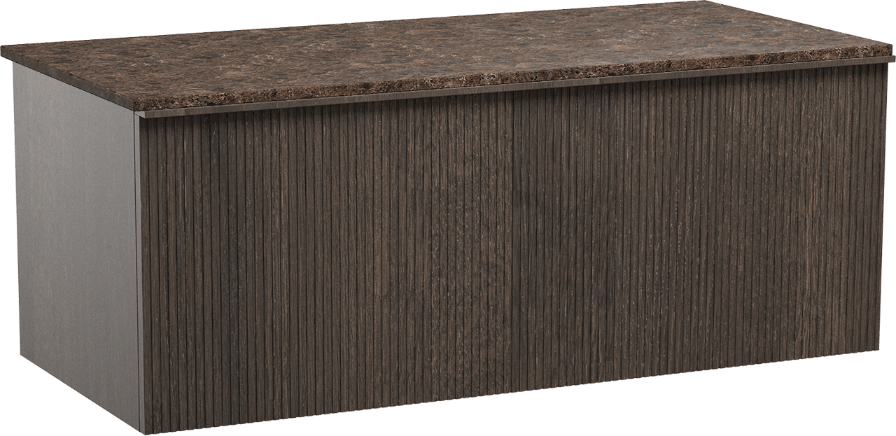 Balmani Forma zwevend badkamermeubel 120 x 55 cm gerookte eik met Stretto enkel of dubbel tablet in marmer dark emperador, Verticale symmetrische rechte ribbel