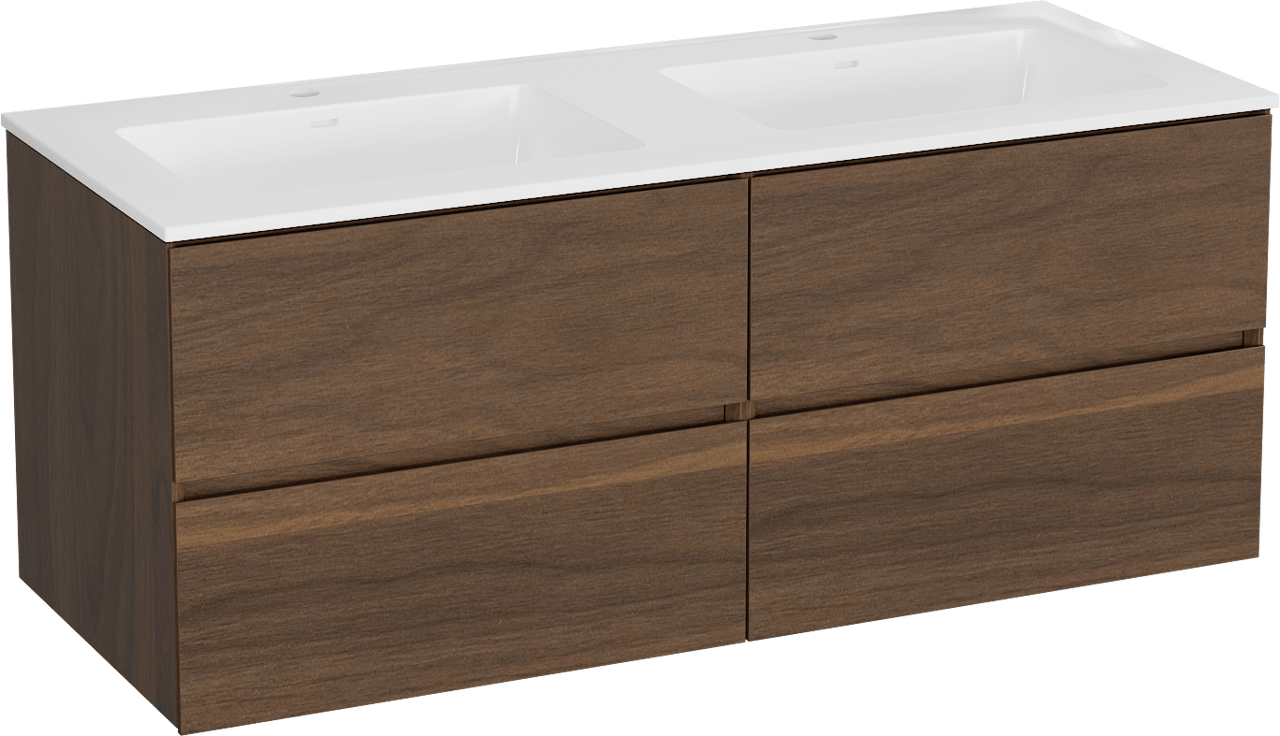Storke Edge meuble salle de bains suspendu 130 x 52 cm noyer avec Bilia double vasque en marbre composite blanc brillant