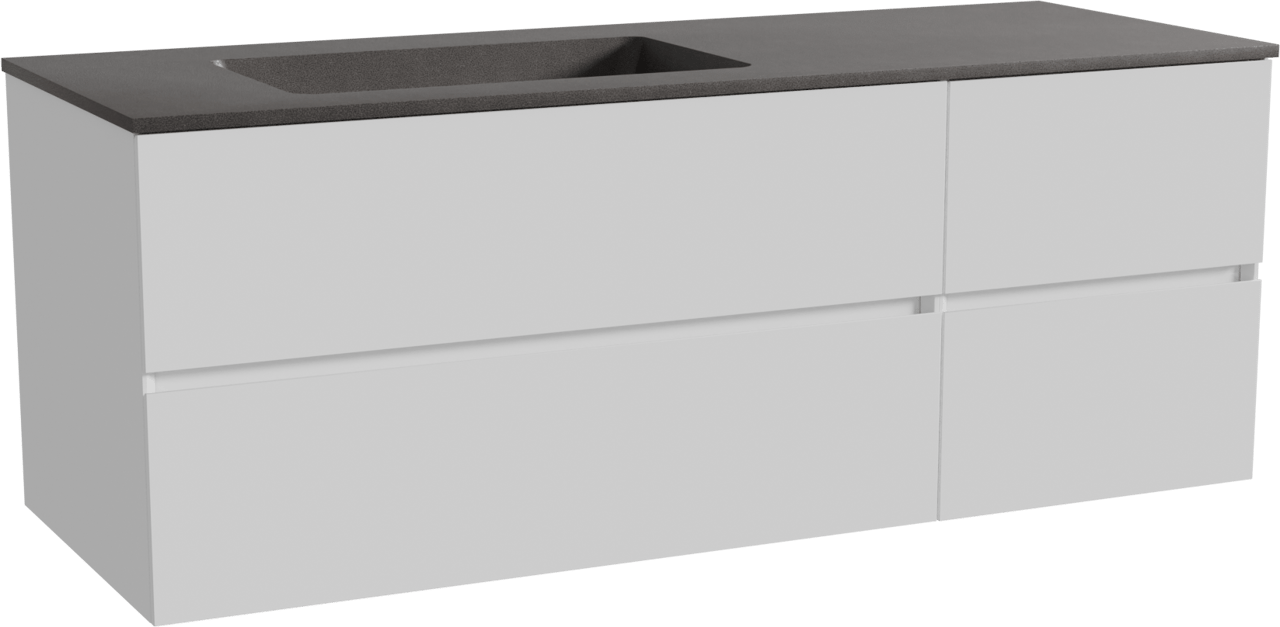 Storke Edge zwevend badmeubel 140 x 52 cm hoogglans wit met Scuro asymmetrisch linkse wastafel in kwarts mat zwart