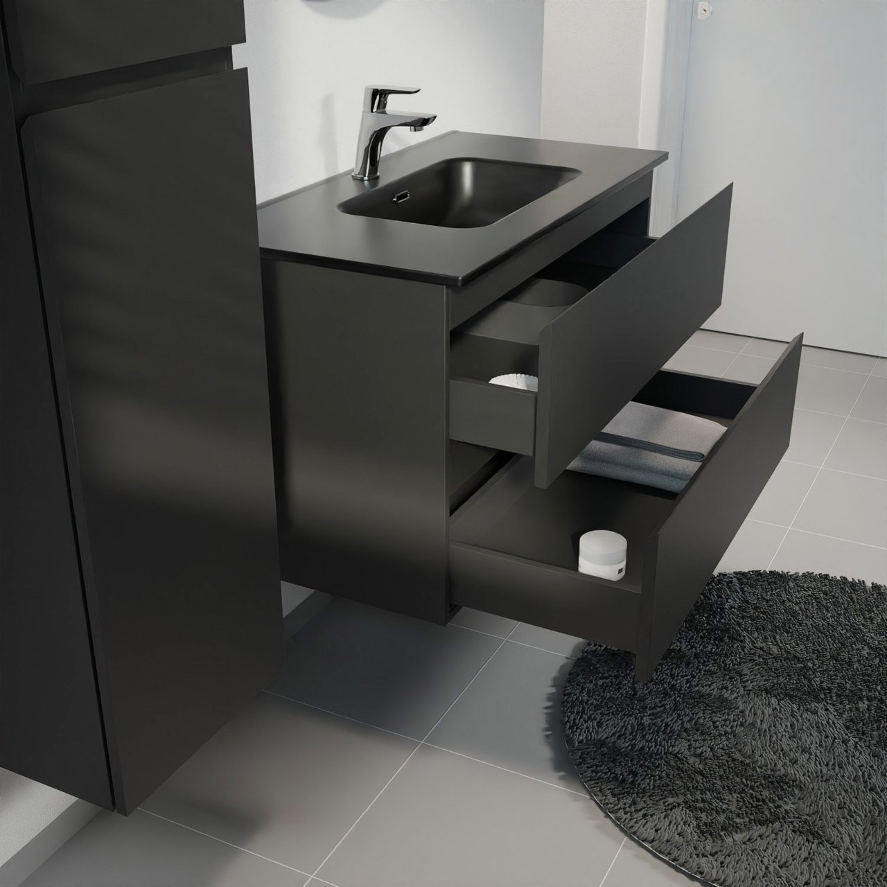 Linie Lado hängendes Möbelstück Set: 90 x 46 cm, Schwarz matt, mit Baro Einzelwaschtisch, Porzellan Schwarz matt
