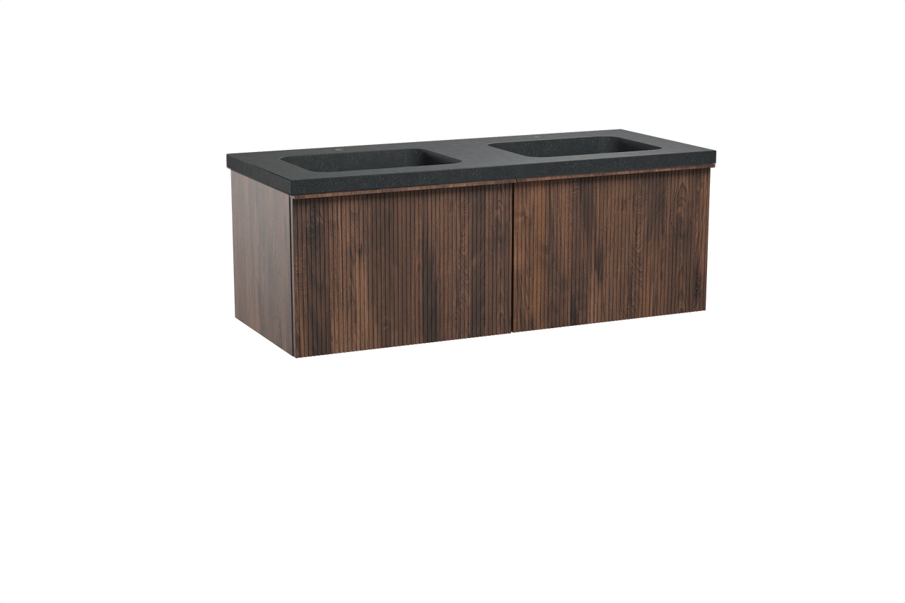 Balmani Forma zwevend badkamermeubel 135 x 55 cm amerikaanse notelaar met Napoli dubbele wastafel in graniet zwart, Verticale symmetrische rechte ribbel