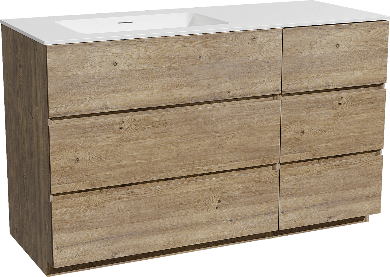 Storke Edge staand badkamermeubel 130 x 52 cm ruwe eik met Mata asymmetrisch linkse wastafel in solid surface mat wit