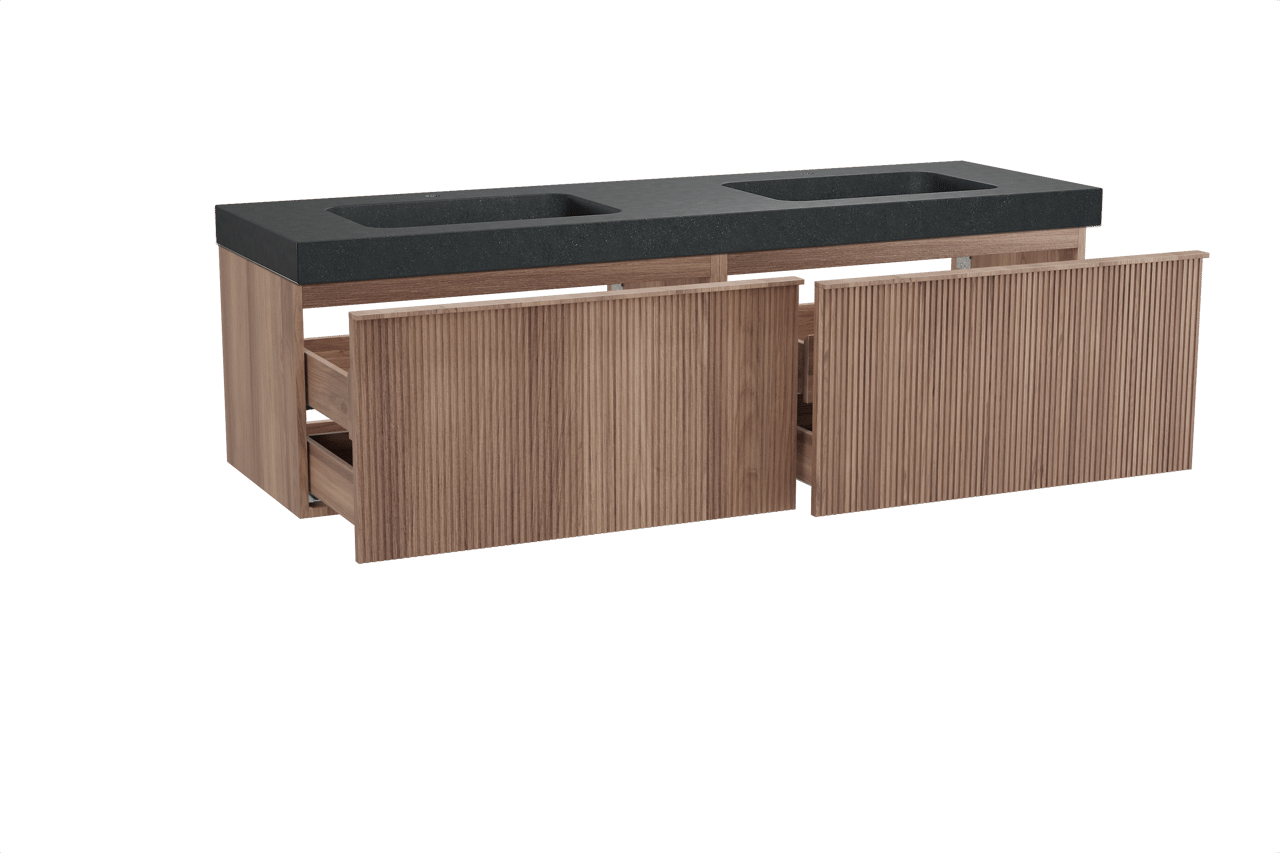 Balmani Forma zwevend badkamermeubel 180 x 55 cm teak met Napoli dubbele wastafel in graniet zwart, Verticale symmetrische rechte ribbel