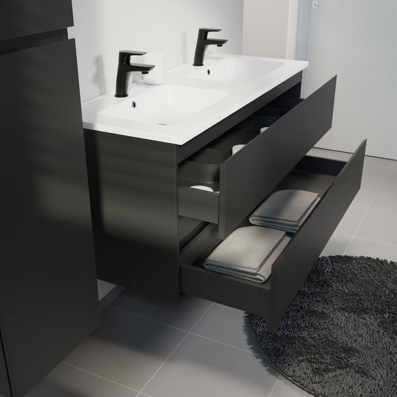 Linie Lado meuble salle de bains suspendu 120 x 46 cm noir mat avec Vano double vasque en marbre composite blanc mat