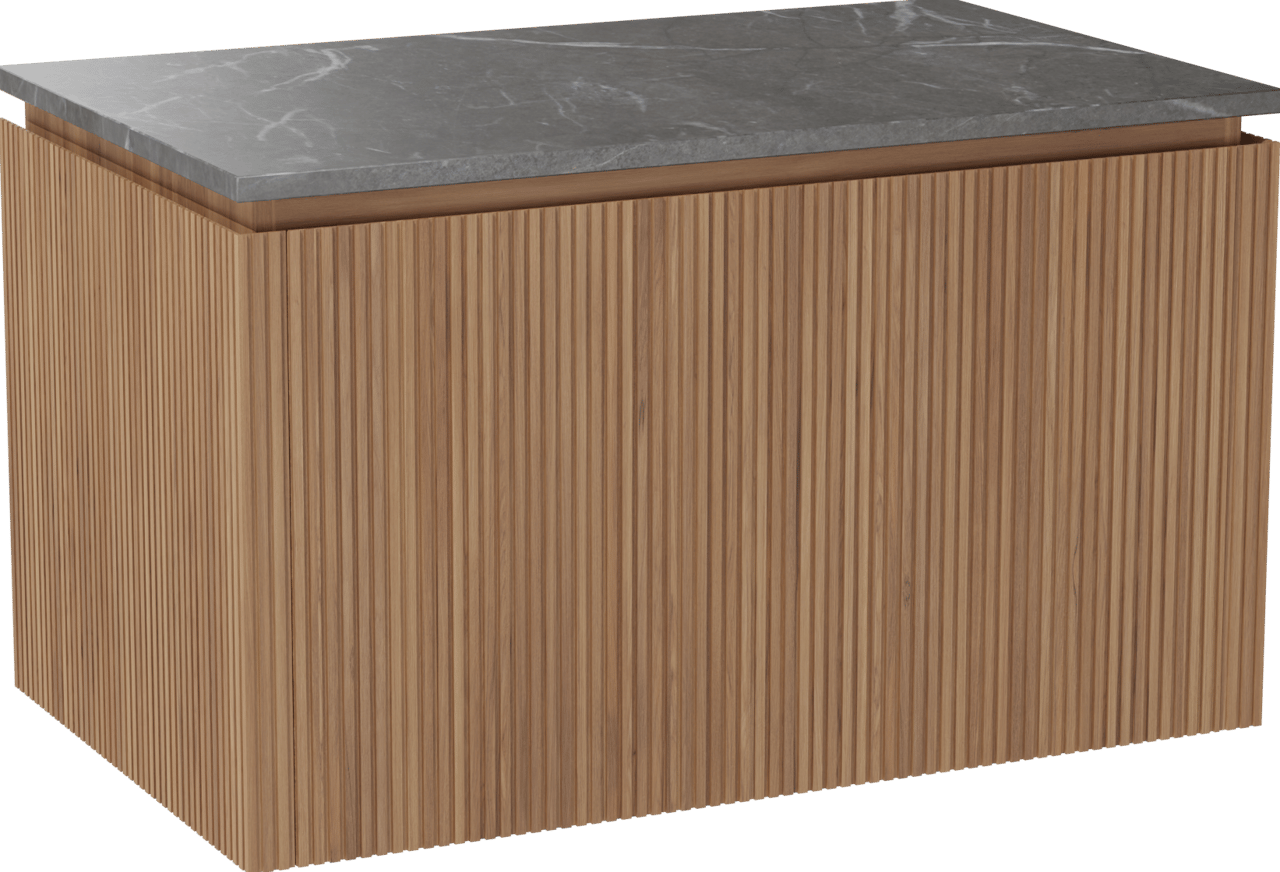 Balmani Eclips hängendes Möbelstück Set: 90 x 55 cm, Teak, mit Stretto Einzel Waschtischplatte Pietra Grey Marmor, Vertikale symmetrische gerade Rippe