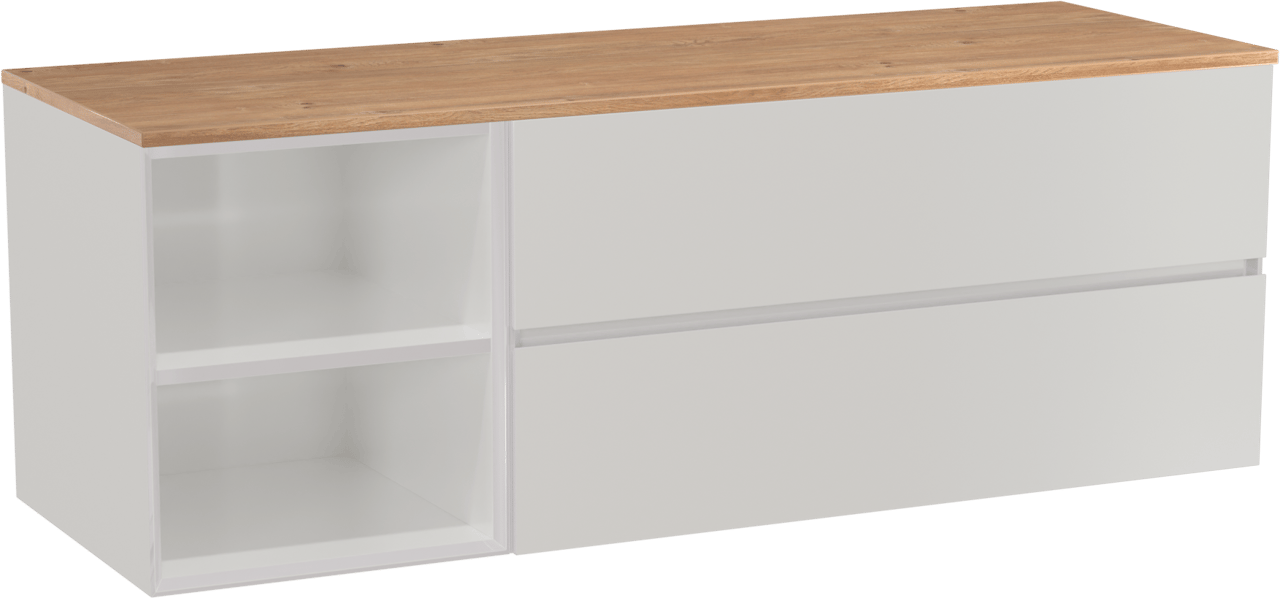 Storke Edge meuble salle de bains suspendu 150 x 52 cm blanc brillant avec Panton tablette simple ou double en mélaminé chêne brut