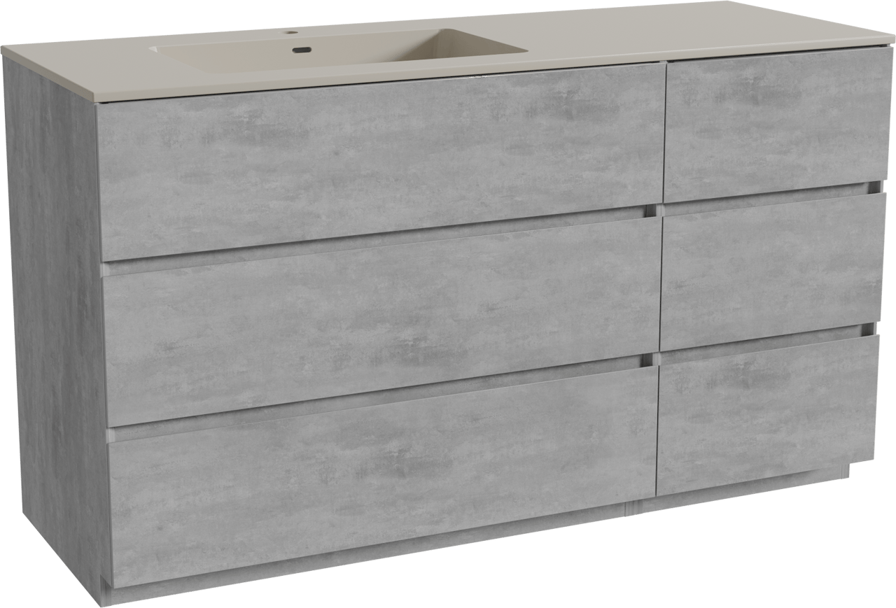 Storke Edge staand badkamermeubel 140 x 52 cm beton donkergrijs met Diva asymmetrisch linkse wastafel in top solid zijdegrijs