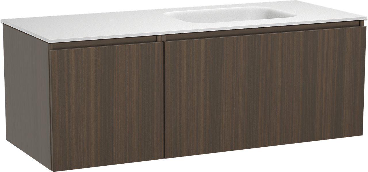 Balmani Sfera by Lucida meuble salle de bains suspendu 135 x 55 cm eucalyptus avec Tablo Arcato plan vasque asymétrique à droite en solid surface blanc mat
